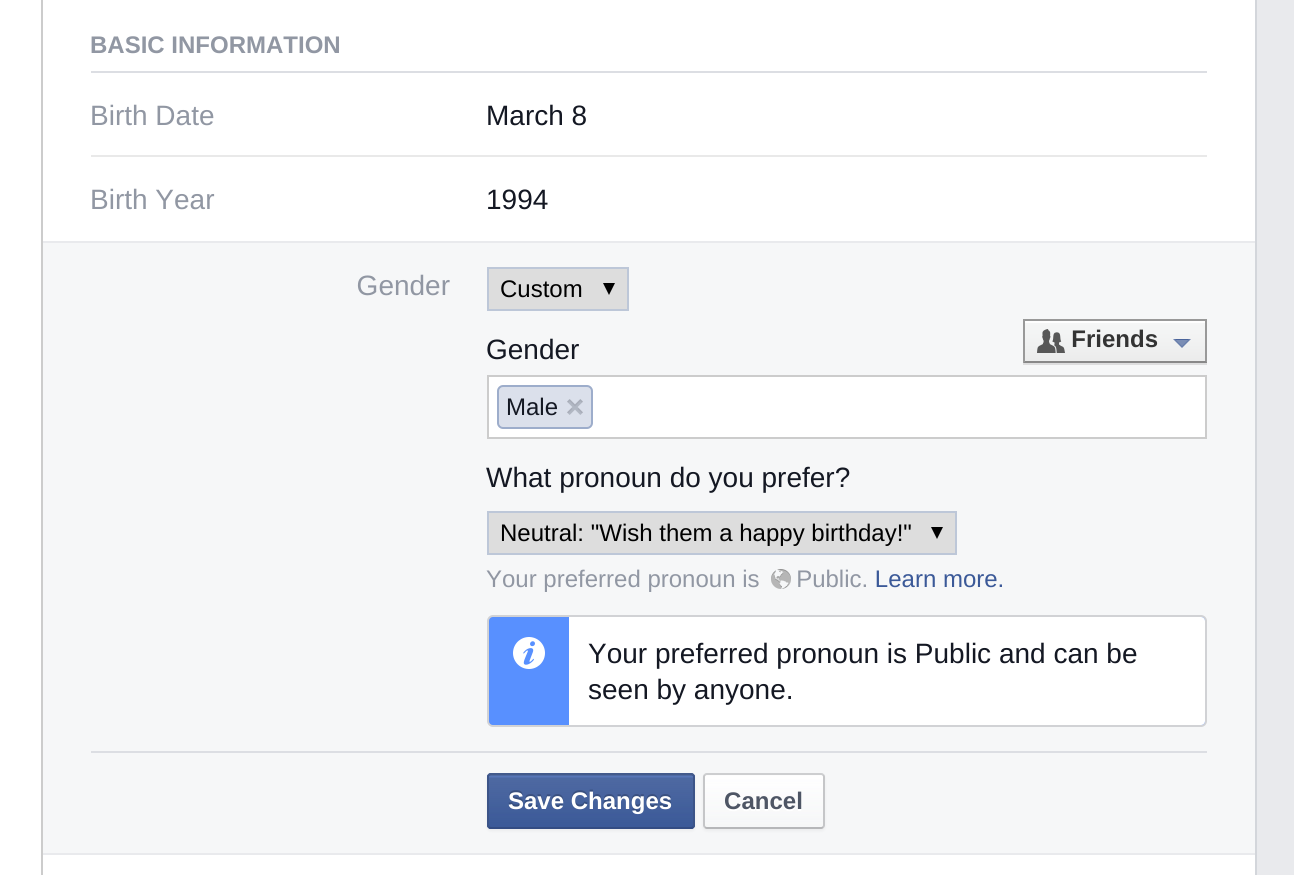 Facebook's settings for pronouns, as distinct from gender.