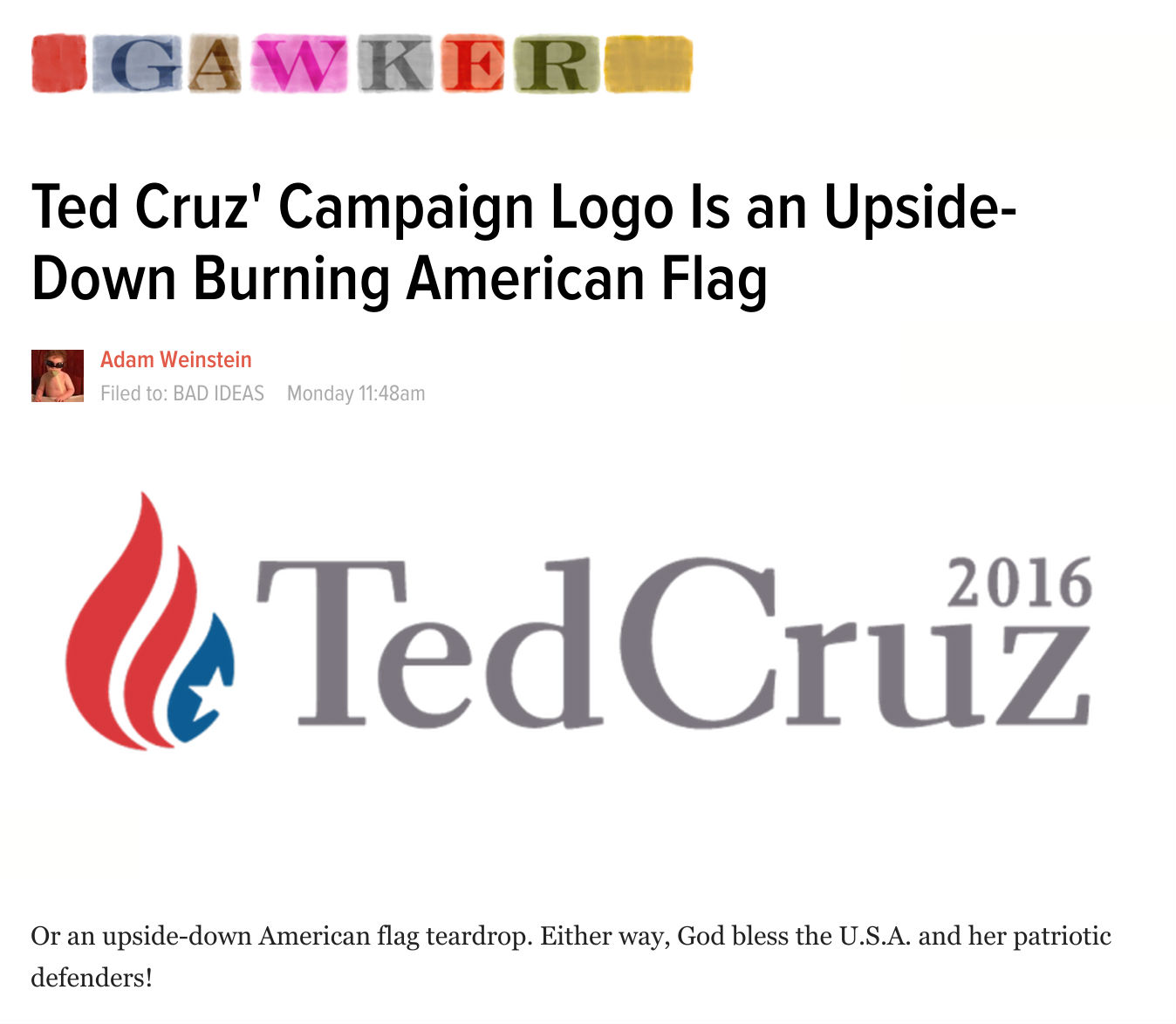 Gawker: Ted Cruz' Campaign Logo Is an Upside-Down Burning American Flag